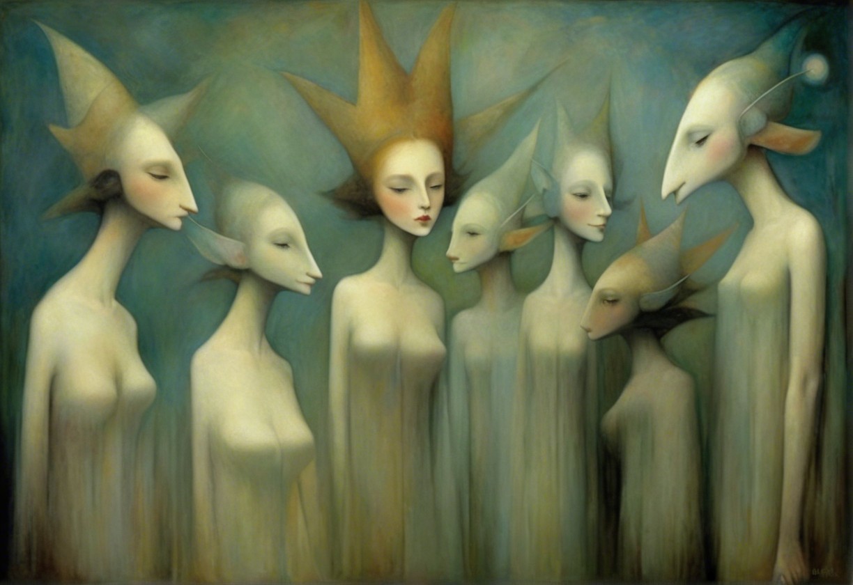 Group of Seven Ethereal Figures in Dreamlike Setting