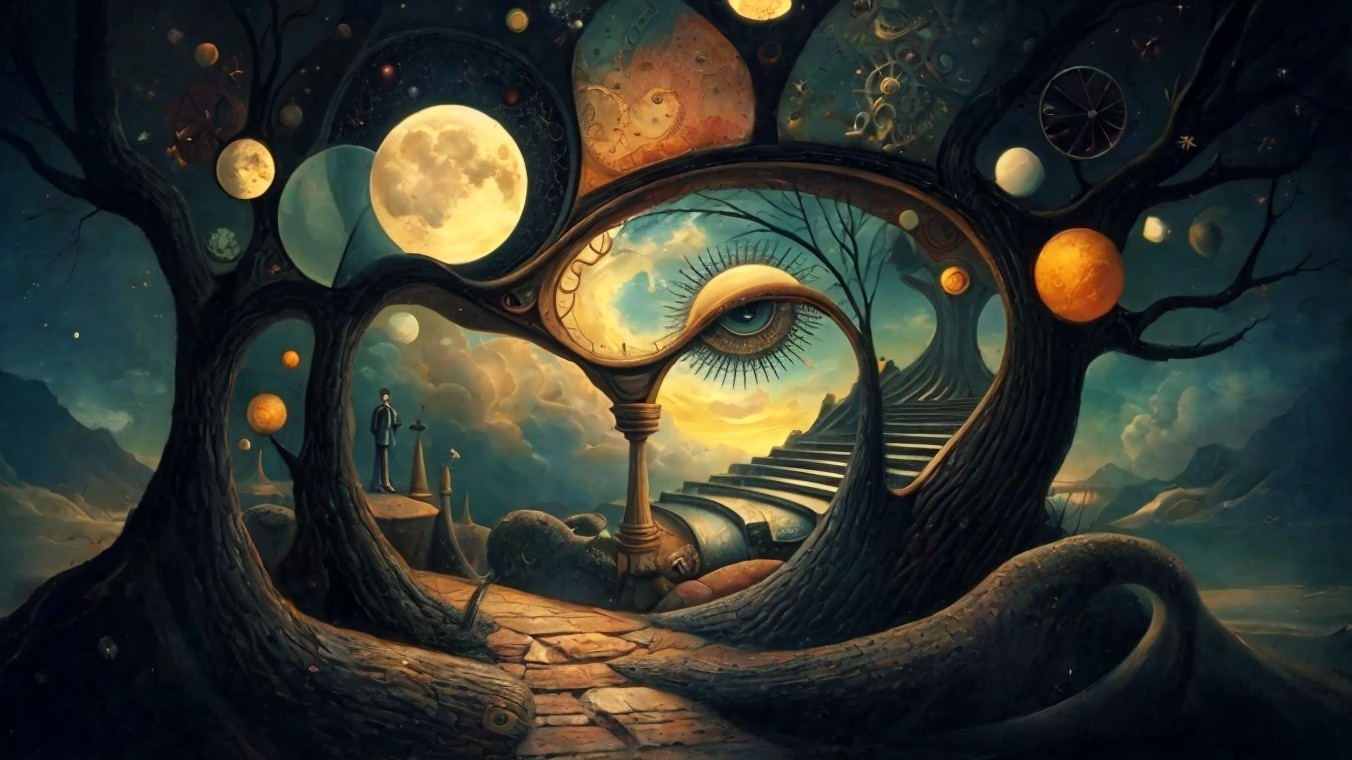 Surreal Landscape with Eye-Shaped Archway and Trees