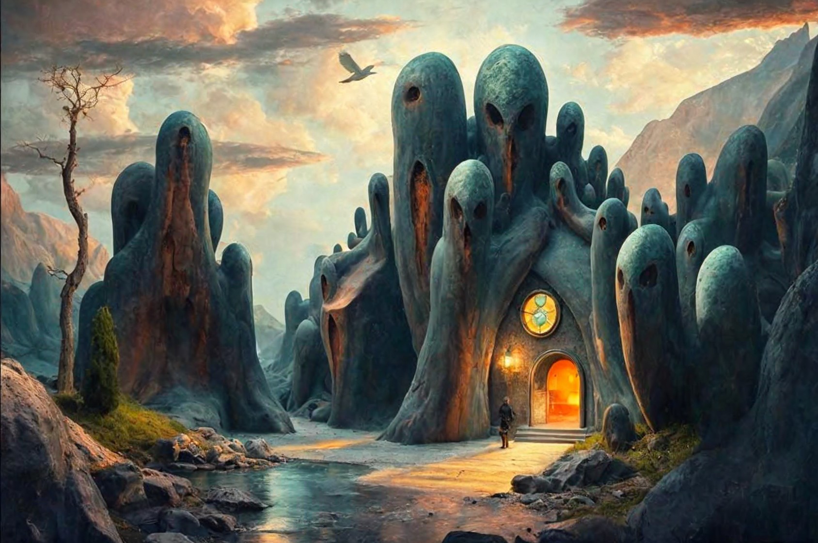 Surreal Landscape with Ghostly Rock Formations and Light