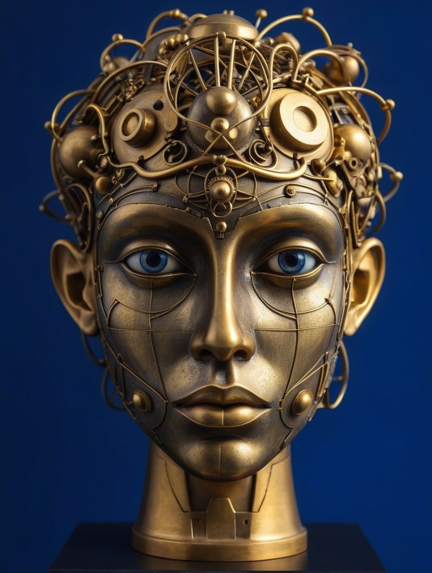 Gold Humanoid Head Sculpture with Mechanical Elements
