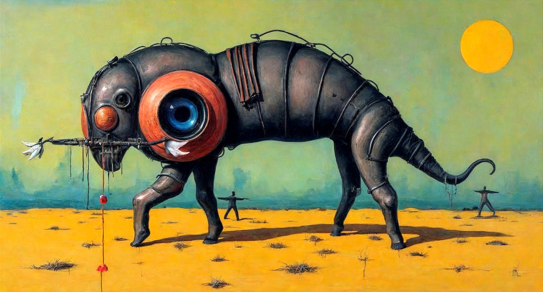 Surreal Mechanical Caterpillar in Vibrant Landscape