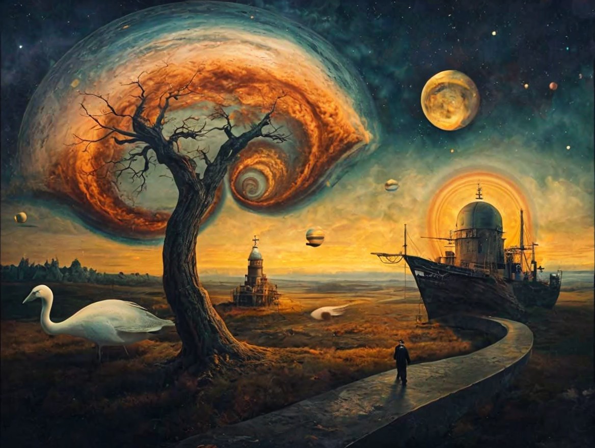 Surreal Landscape with Twisted Tree and Celestial Bodies