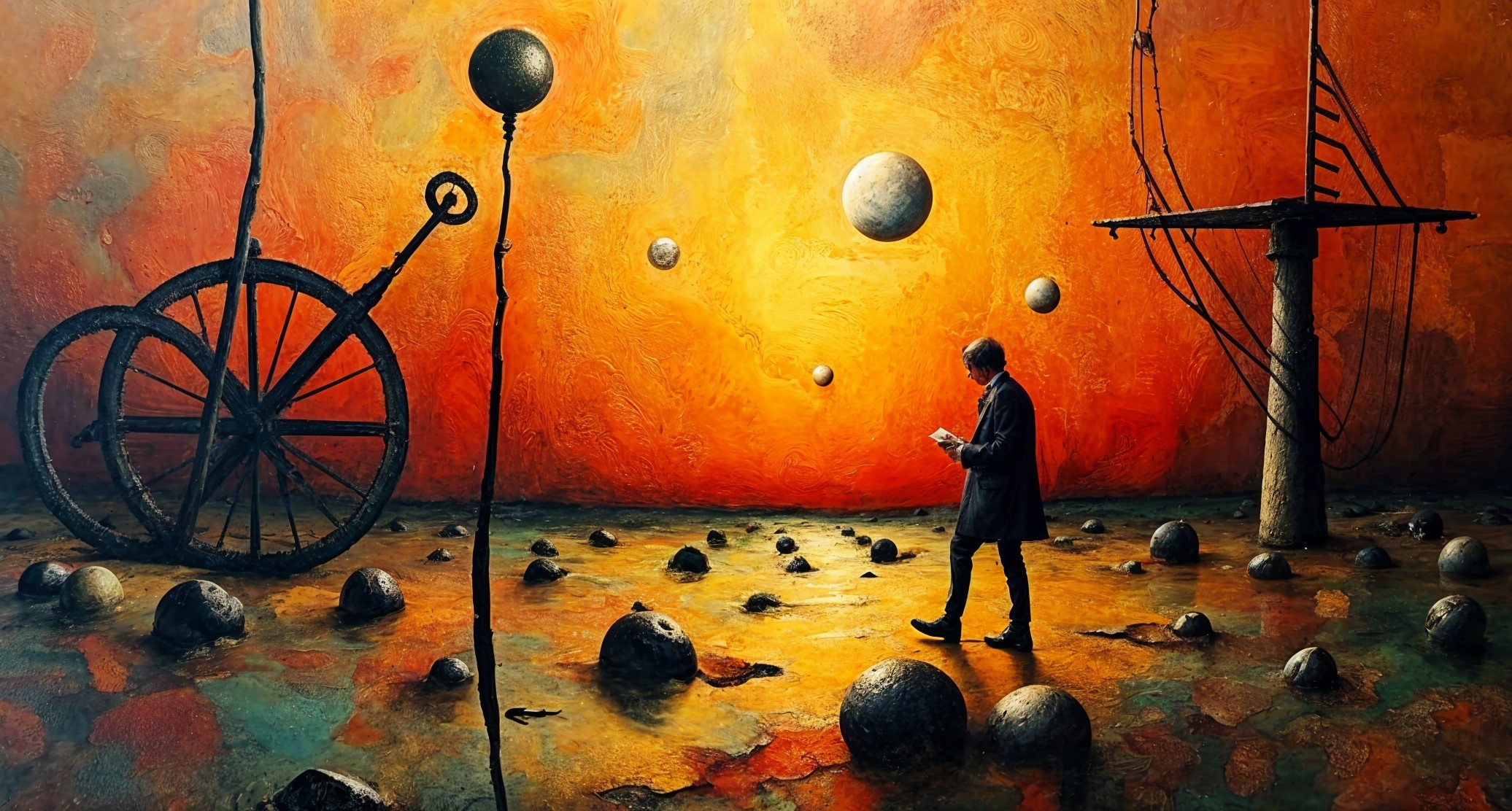 Surreal Landscape with Figure and Abstract Objects