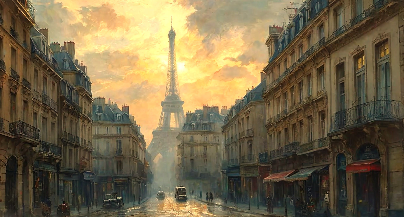 Paris Sunset with Eiffel Tower and Cobblestone Streets