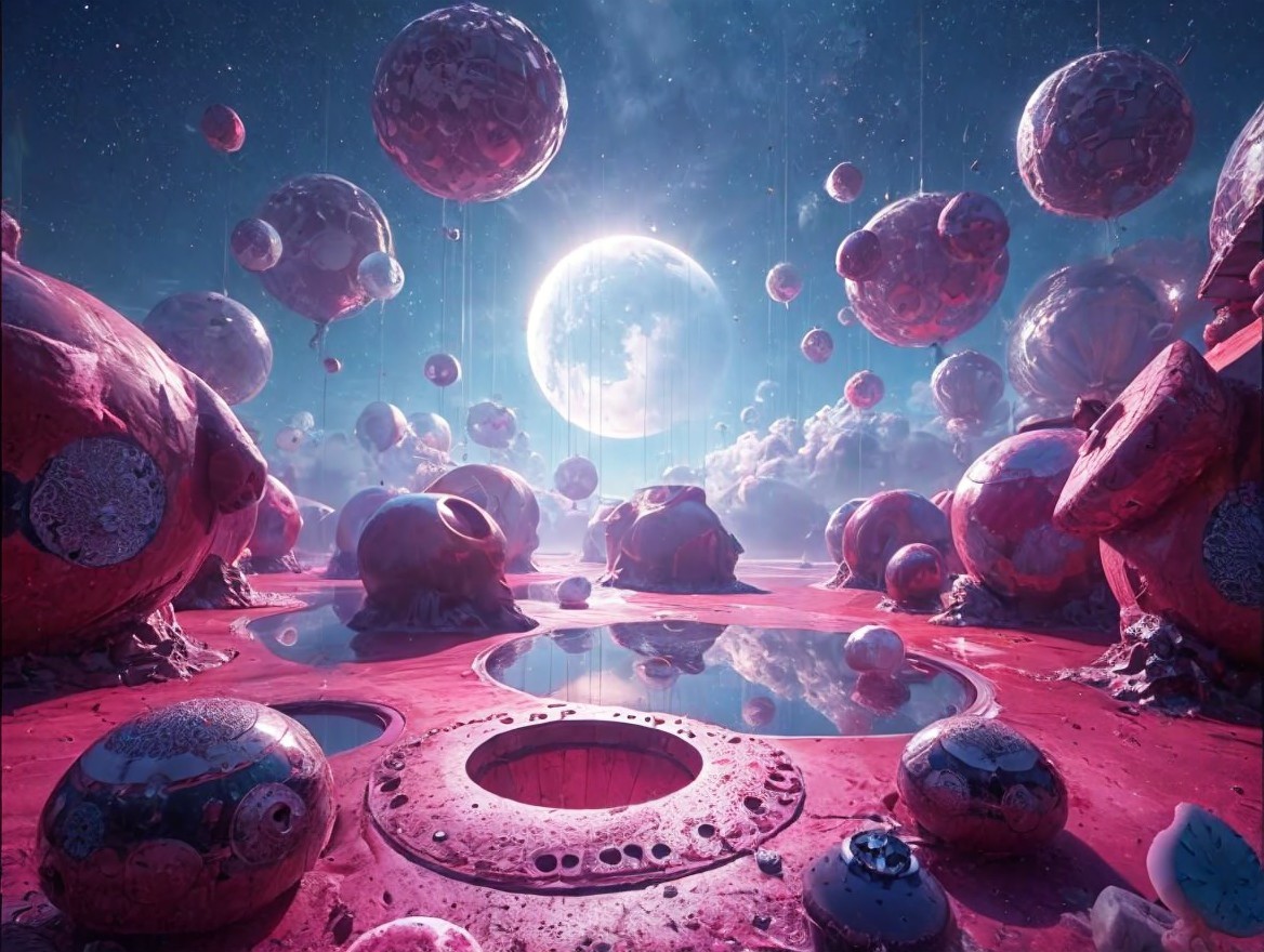 Surreal Dreamlike Landscape with Glossy Spheres