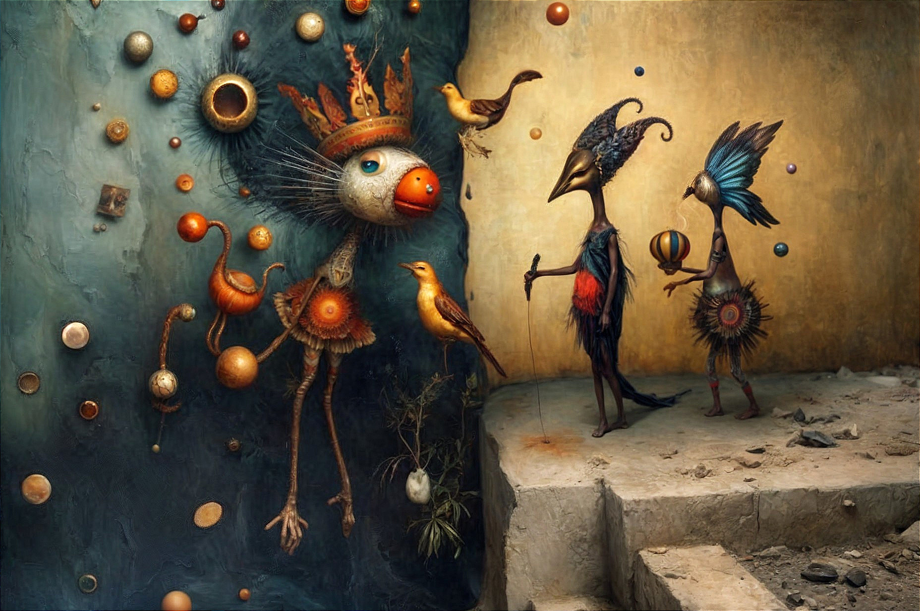Whimsical Surreal Scene with Anthropomorphic Figures