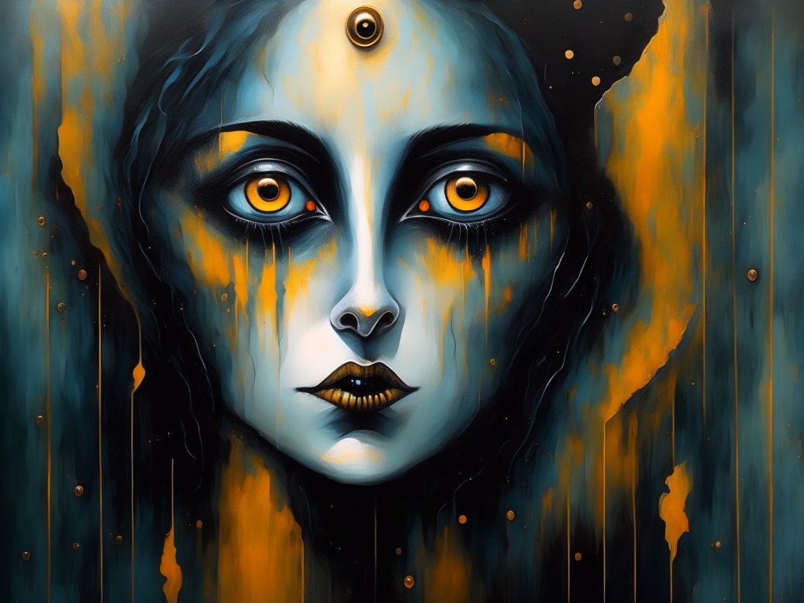 Haunting Face with Vivid Orange Eyes and Mystical Elements
