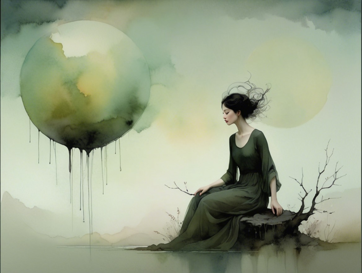 Serene Woman in Green Gown Gazes at Ethereal Orb