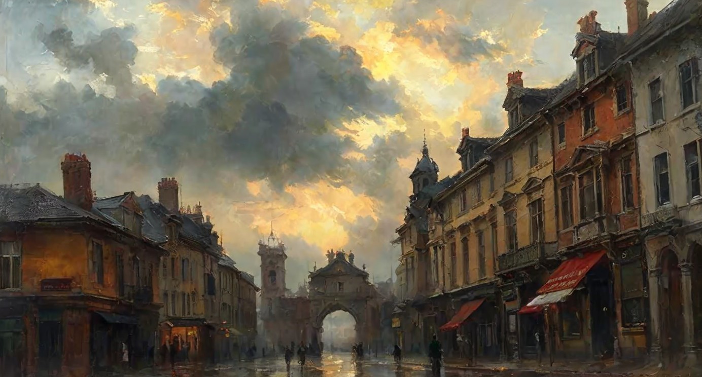 Quaint Dusk Street Scene with Elegant Architecture