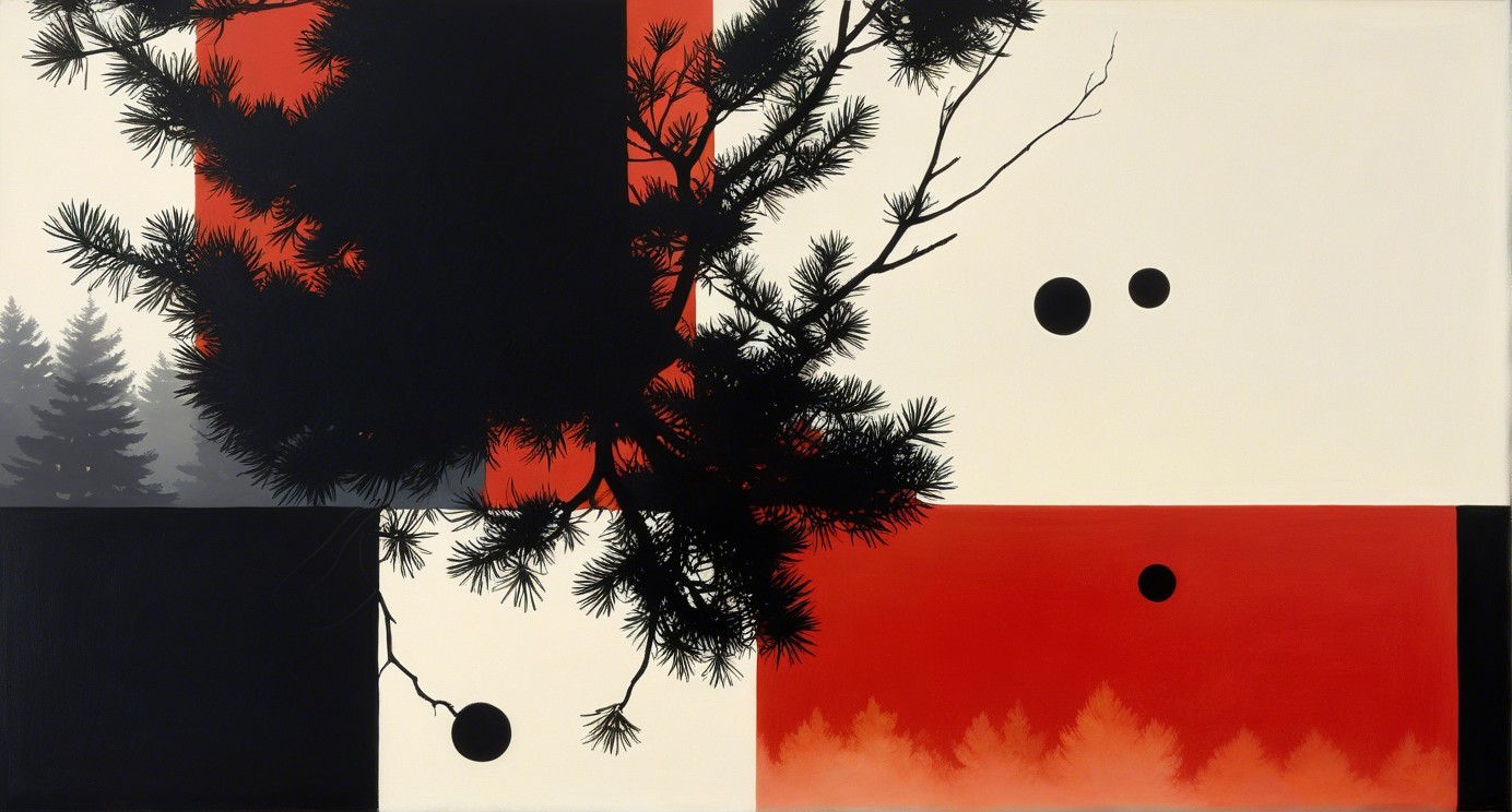 Bold Geometric Artwork with Pine Silhouette and Sunset