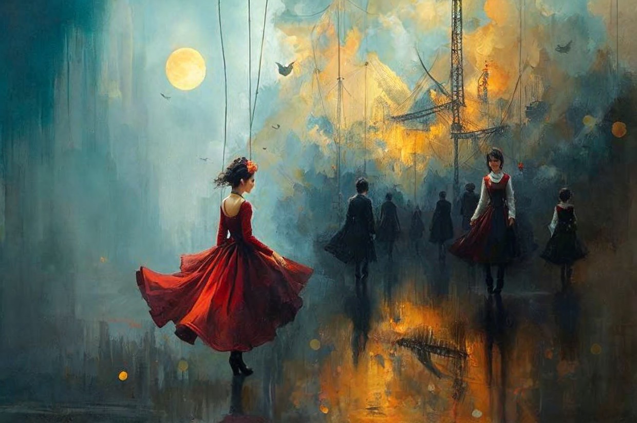 Dreamlike Scene of a Girl in a Red Dress Twirling