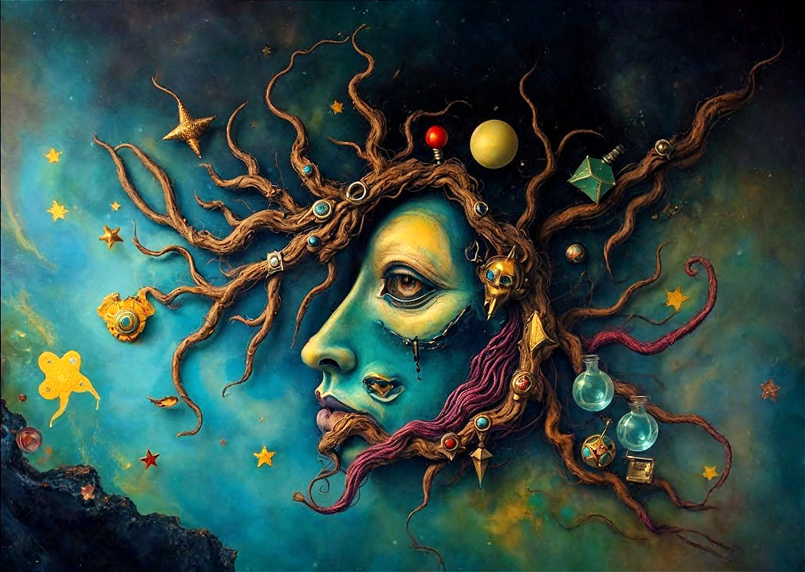 Surreal Cosmic Face with Intricate Hair and Stars