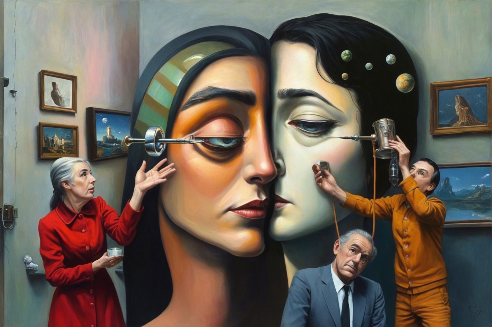 Surrealist Painting of Joined Female Faces and Contraptions