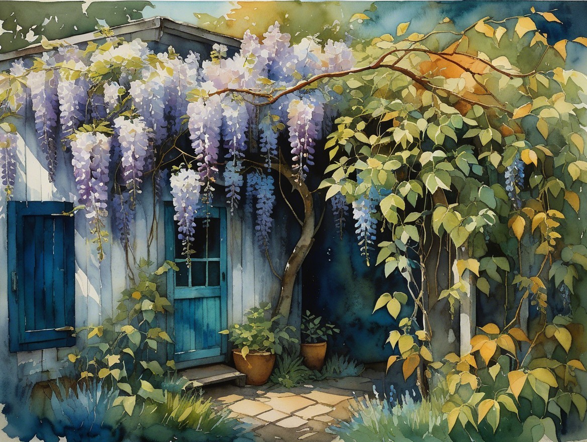 Charming garden with wisteria and serene pathway