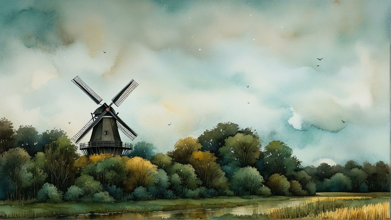 Serene Landscape with Windmill and Calm River