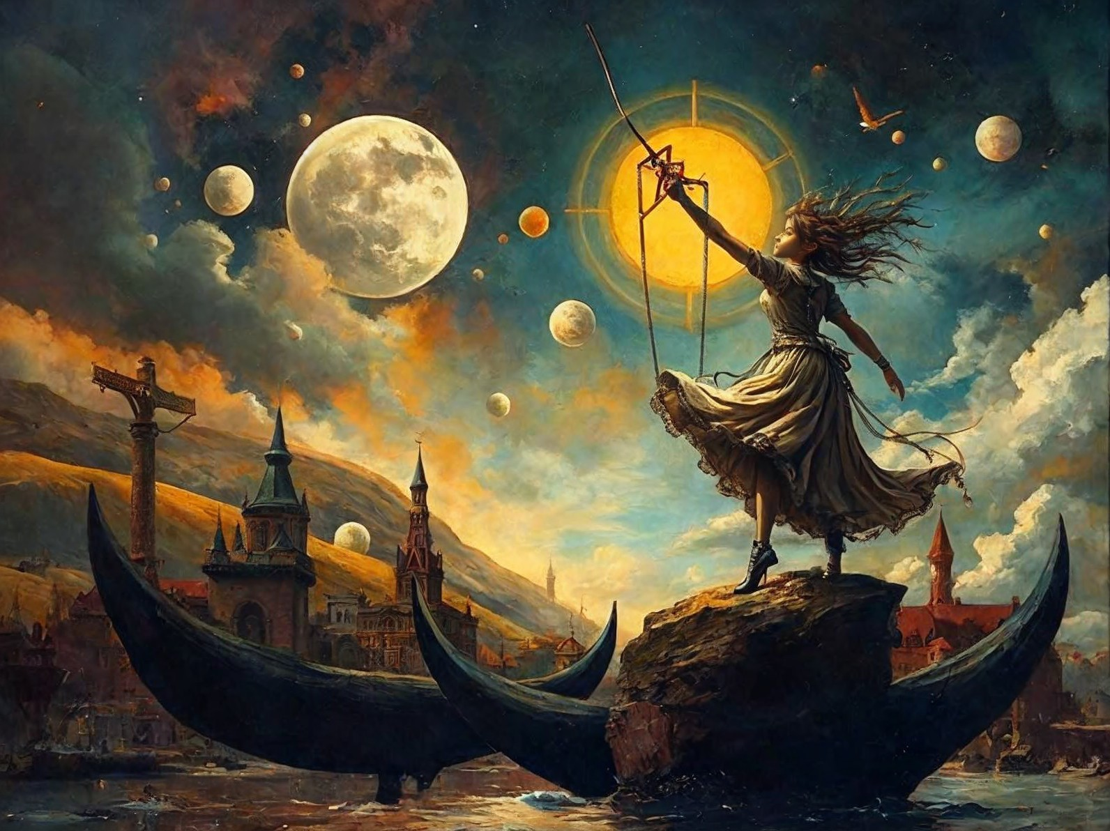 Woman on Rocky Outcrop in Surreal Landscape