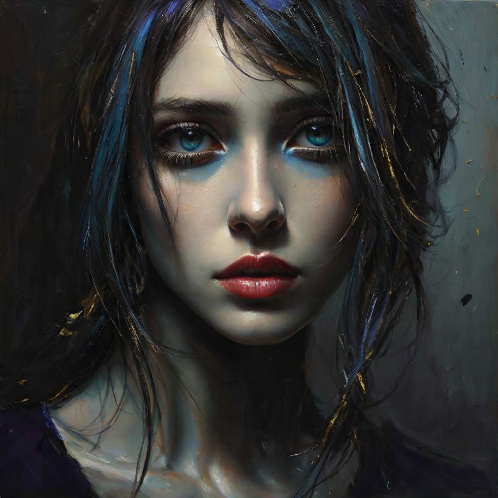 Portrait of a Young Woman with Blue Eyes and Dark Hair