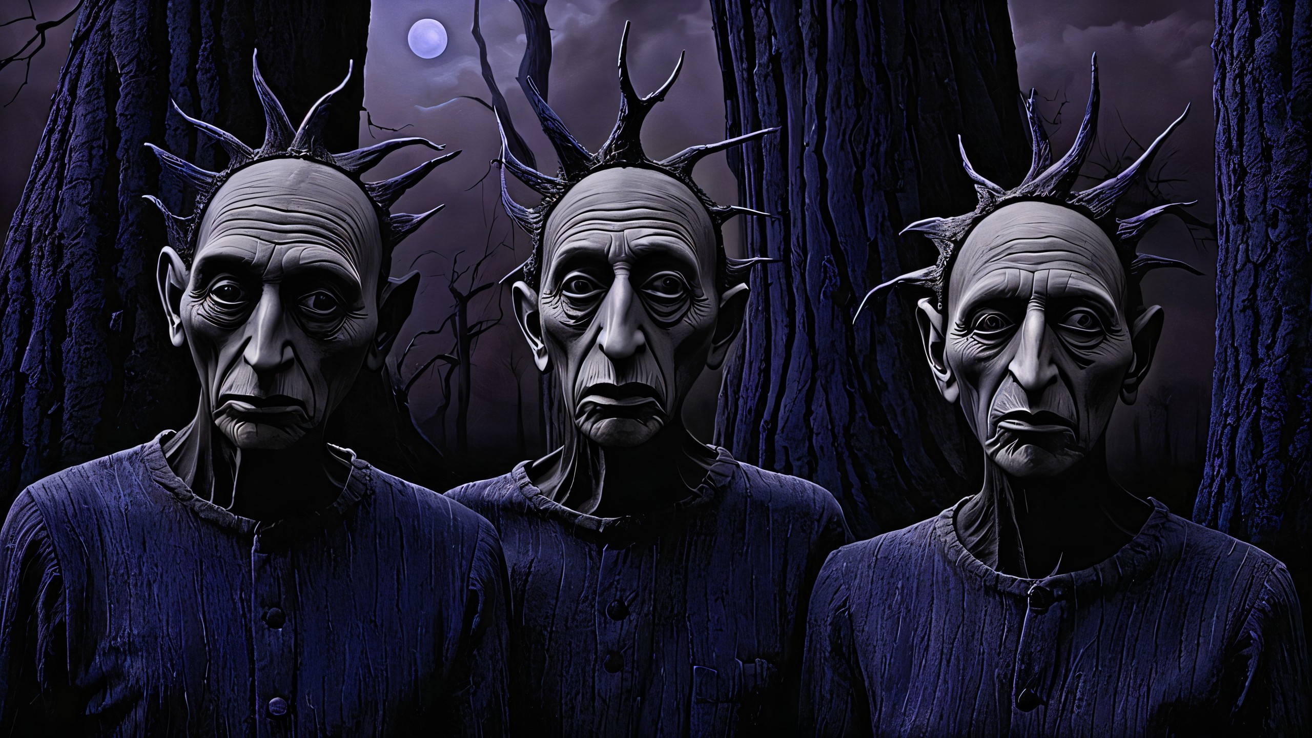 Eerie Figures in a Shadowy Forest Under Moonlight