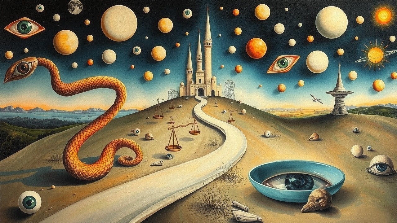 Surreal Landscape with Castle, Celestial Bodies, and Snake