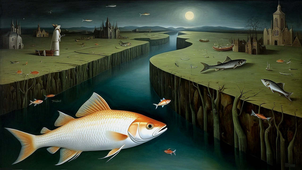 Surreal Landscape with River and Enormous Fish