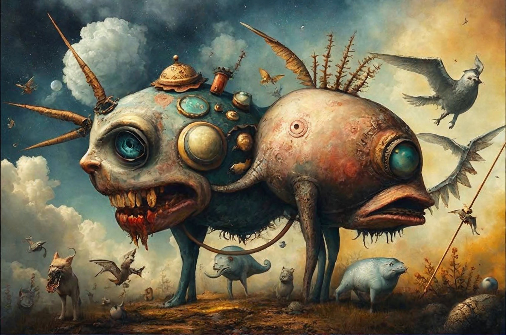 Surreal Scene with Fantastical Creature and Landscape