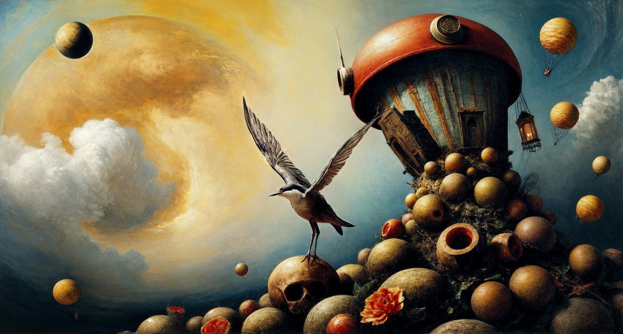 Surreal Landscape with Mushroom House and Skulls