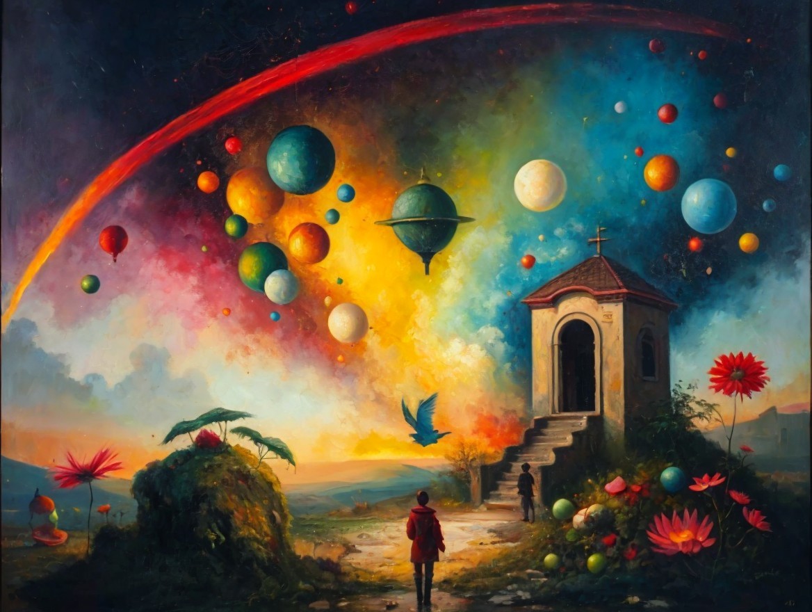 Surreal Landscape with Celestial Bodies and Chapel