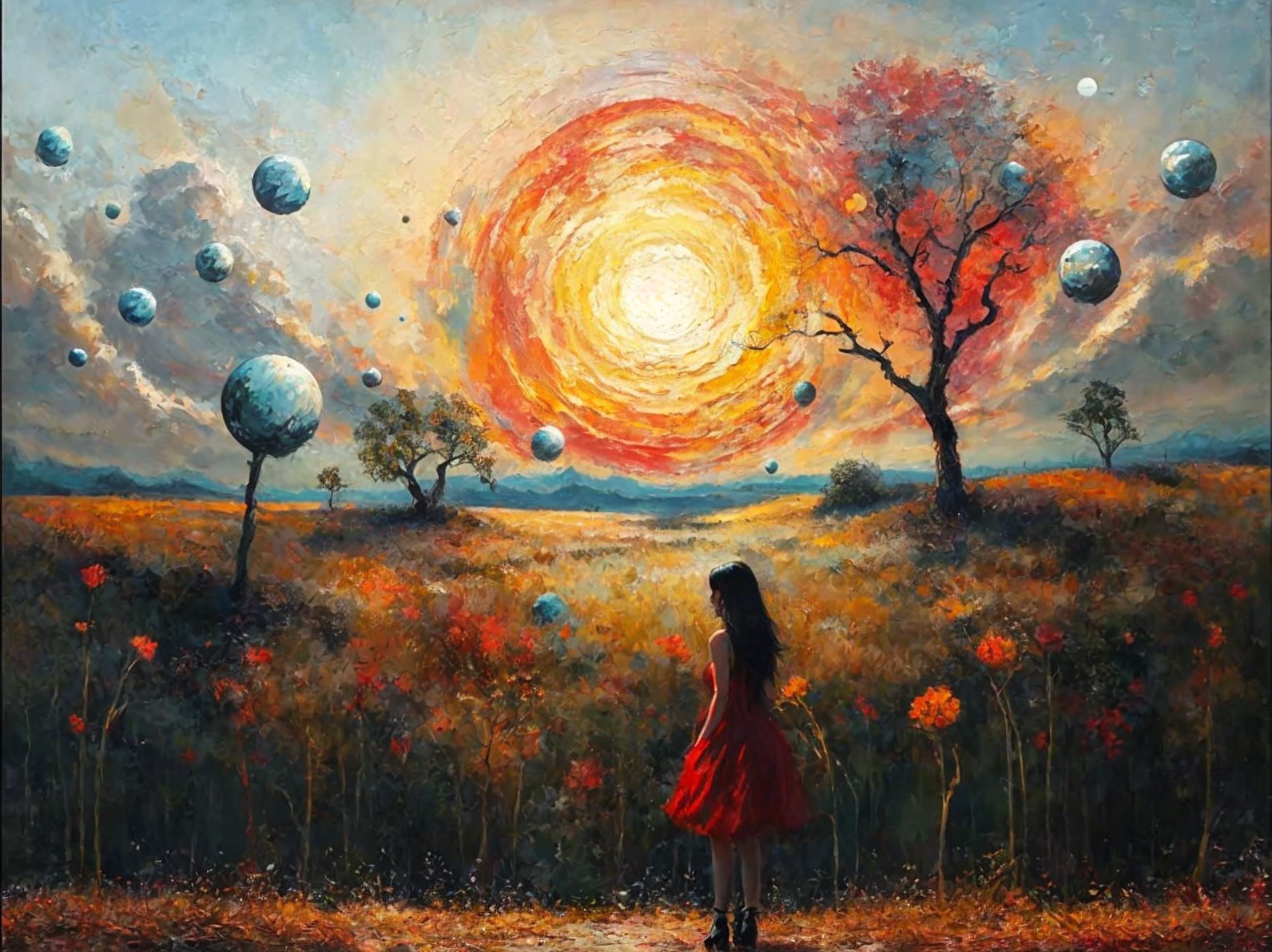 Young girl in red dress in surreal sunlit field