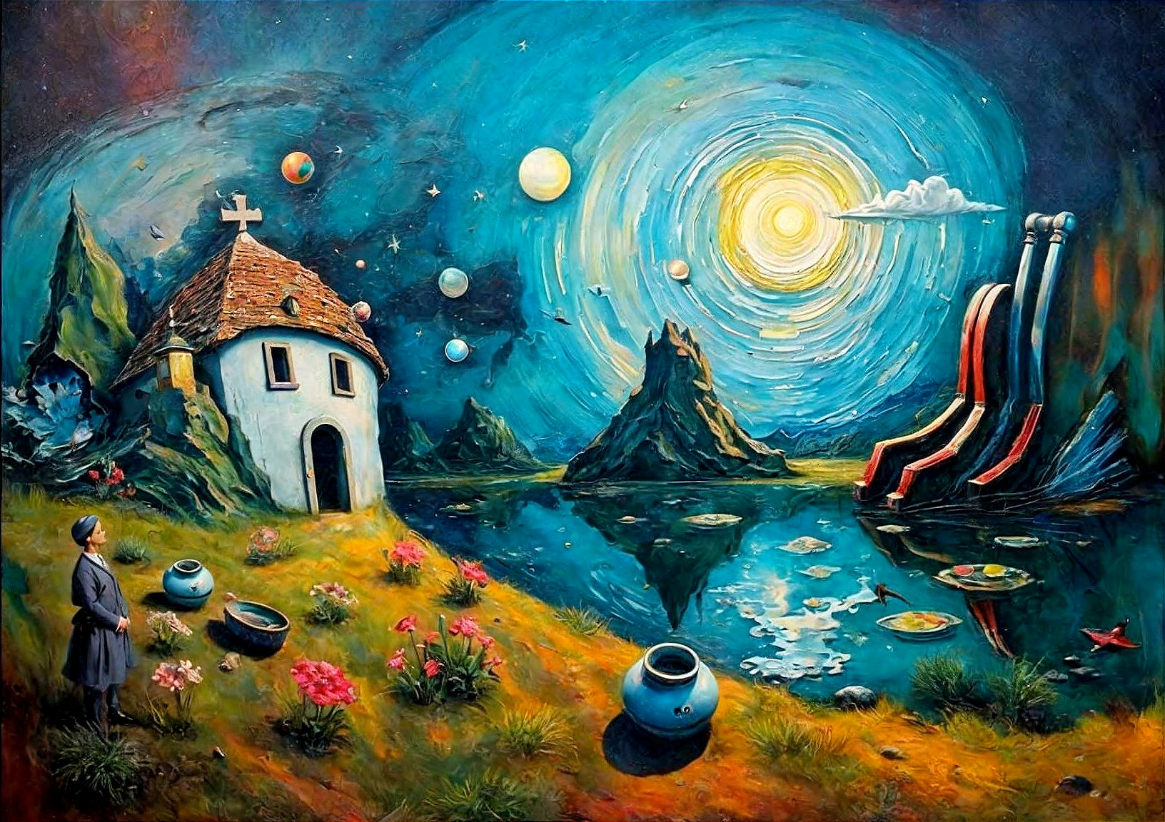Surreal Landscape with Whimsical House and Cosmos