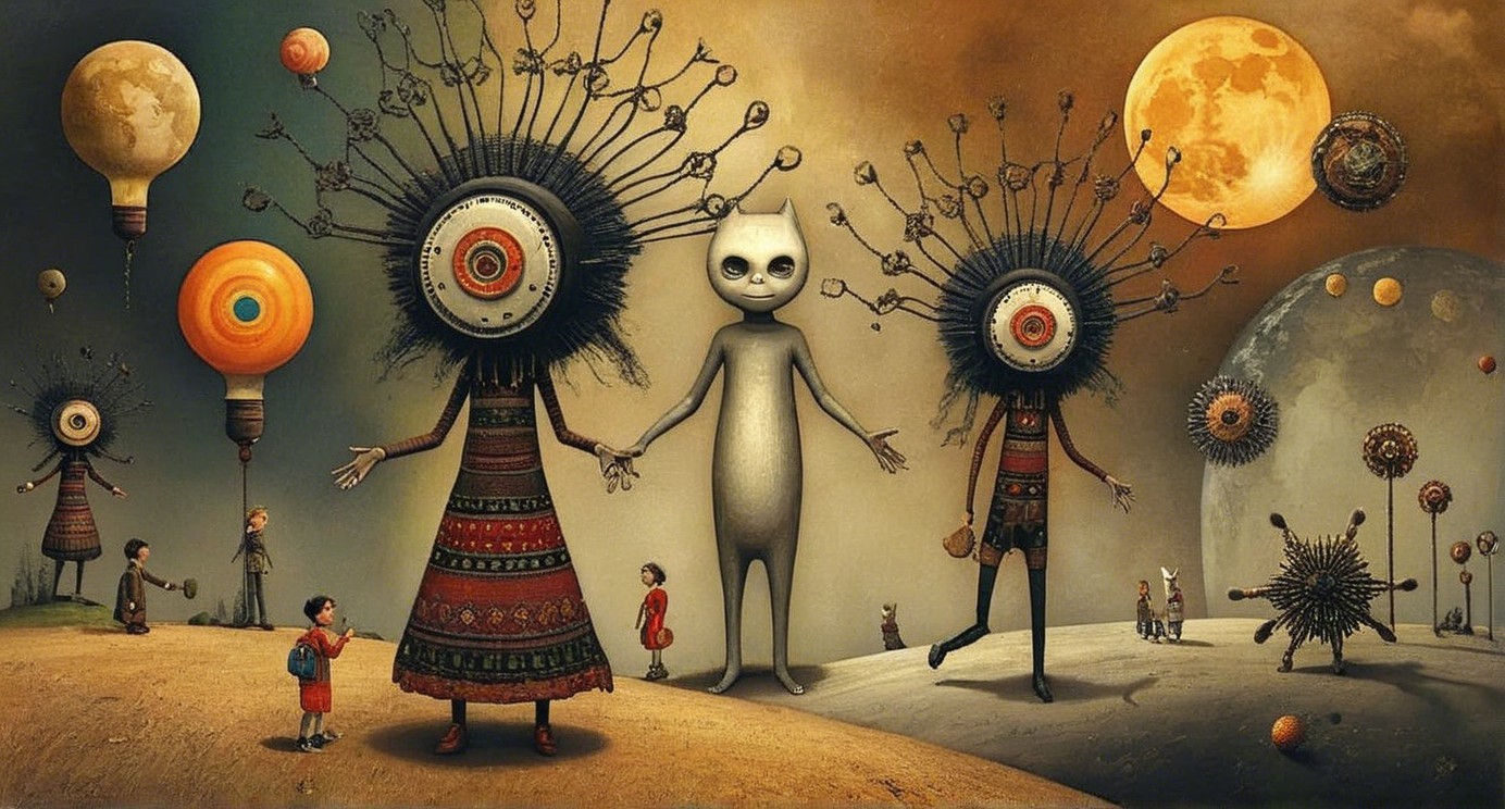 Stylized Figures with Mechanical Flower Headpieces