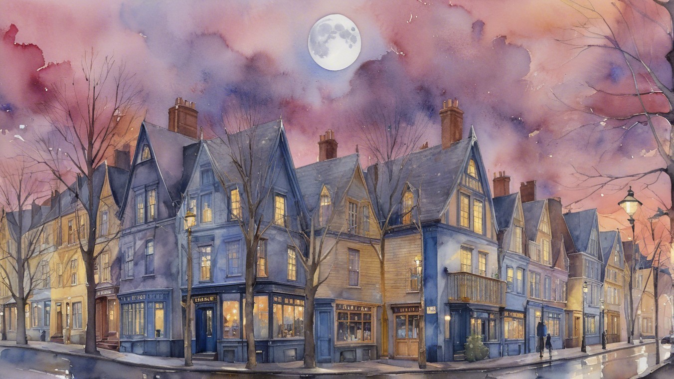 Charming Street Scene with Cozy Houses at Dusk