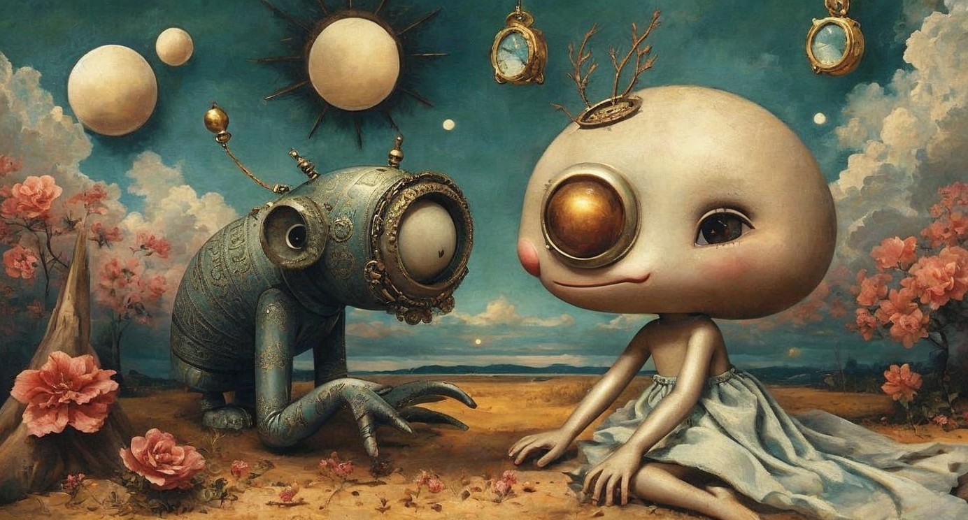 Surreal Landscape with Whimsical Characters and Celestial Elements