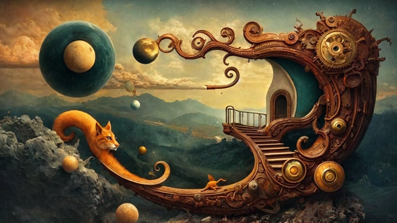 Whimsical Landscape with Surreal House and Fox