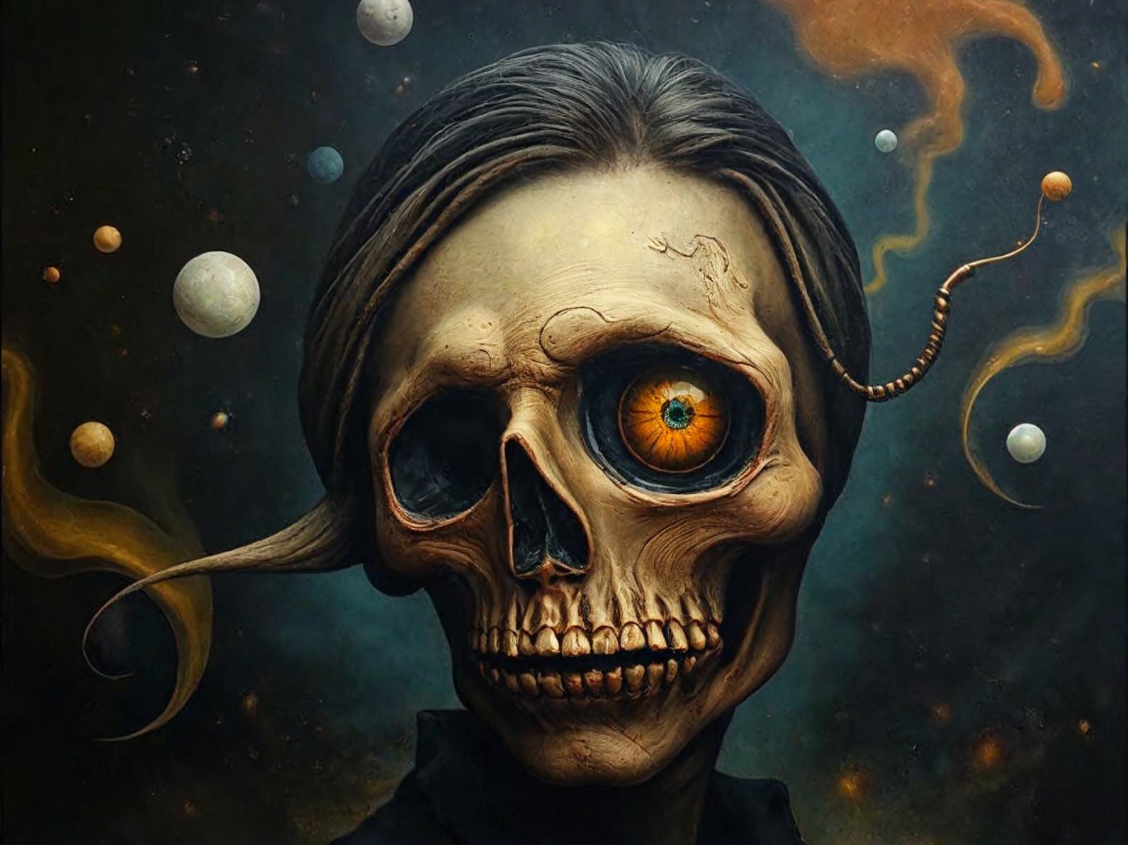 Skull-Faced Figure with Cosmic Elements and Smoke