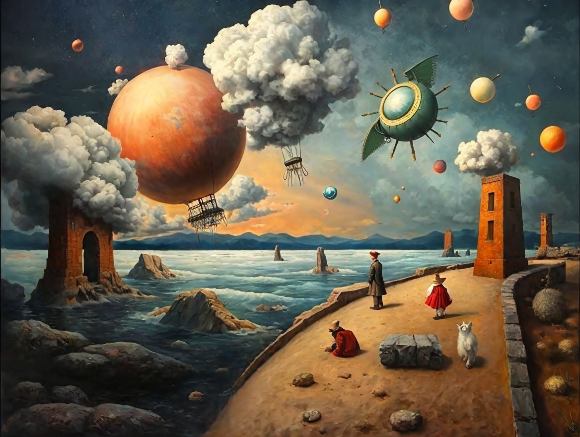 Surreal Landscape with Brick Structures and Planets