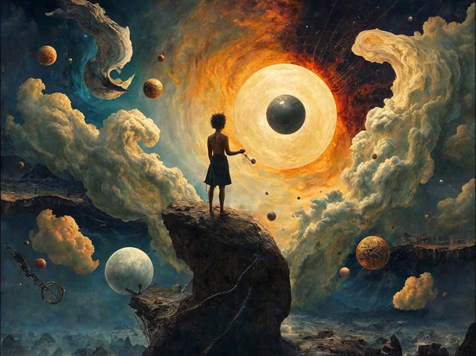 Young Figure on Rocky Outcrop Amid Cosmic Scene