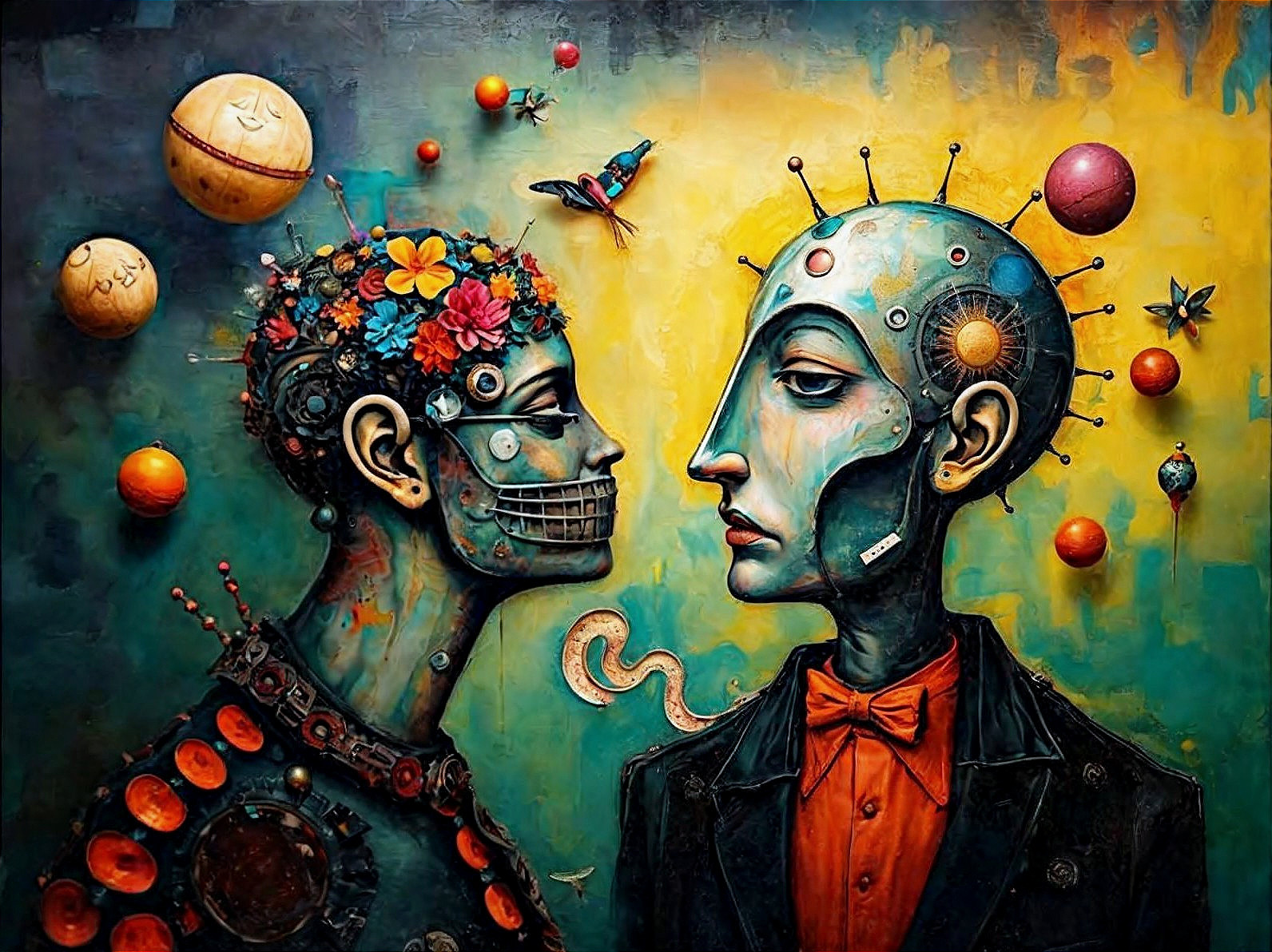 Surrealist Portrait of Two Humanoid Figures in Steampunk Style