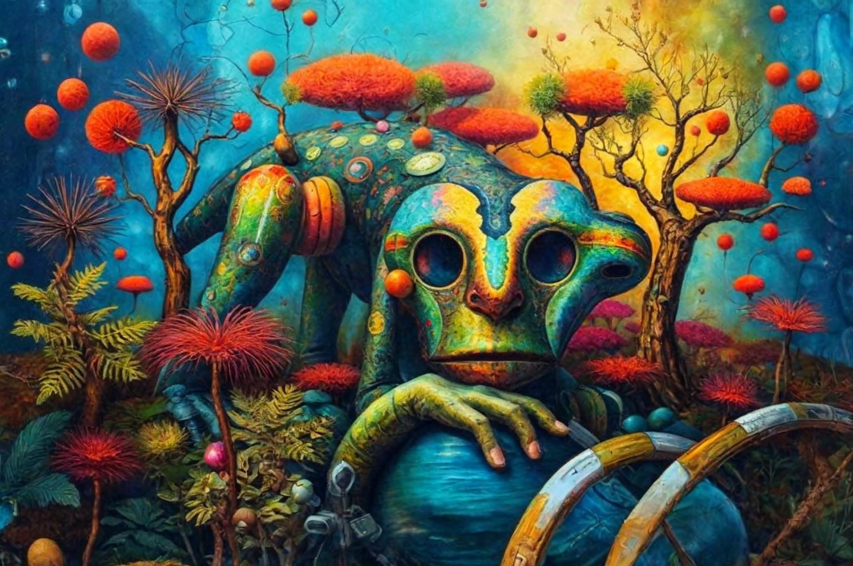 Surreal Landscape with Anthropomorphic Frog and Plants