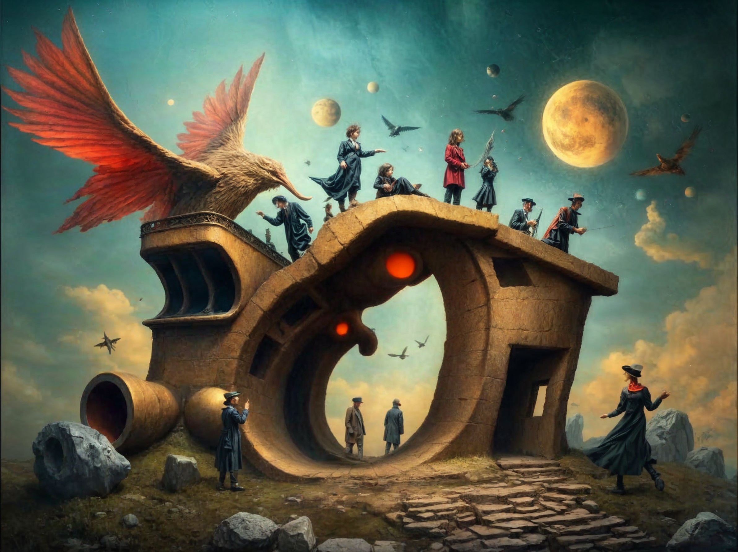 Surreal Landscape with Giant Glasses and Vintage Figures