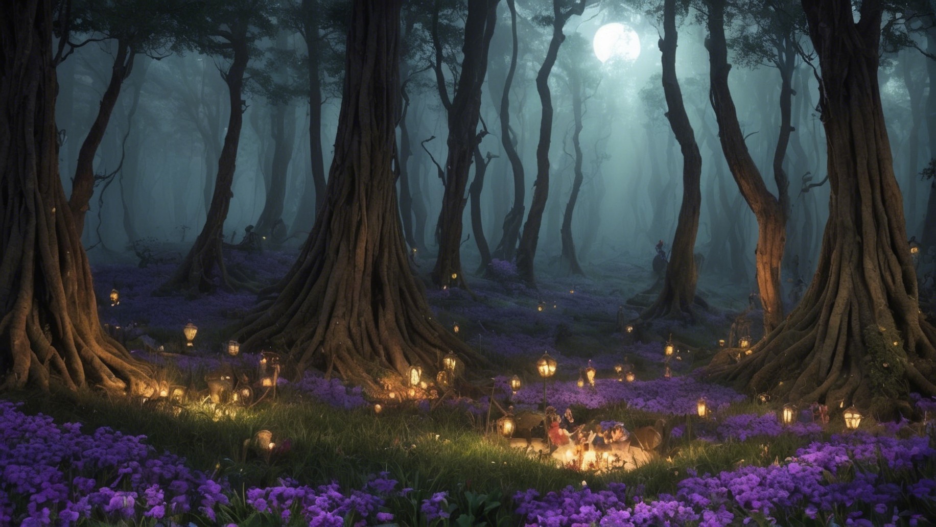 Mystical forest with moonlit trees and glowing lanterns