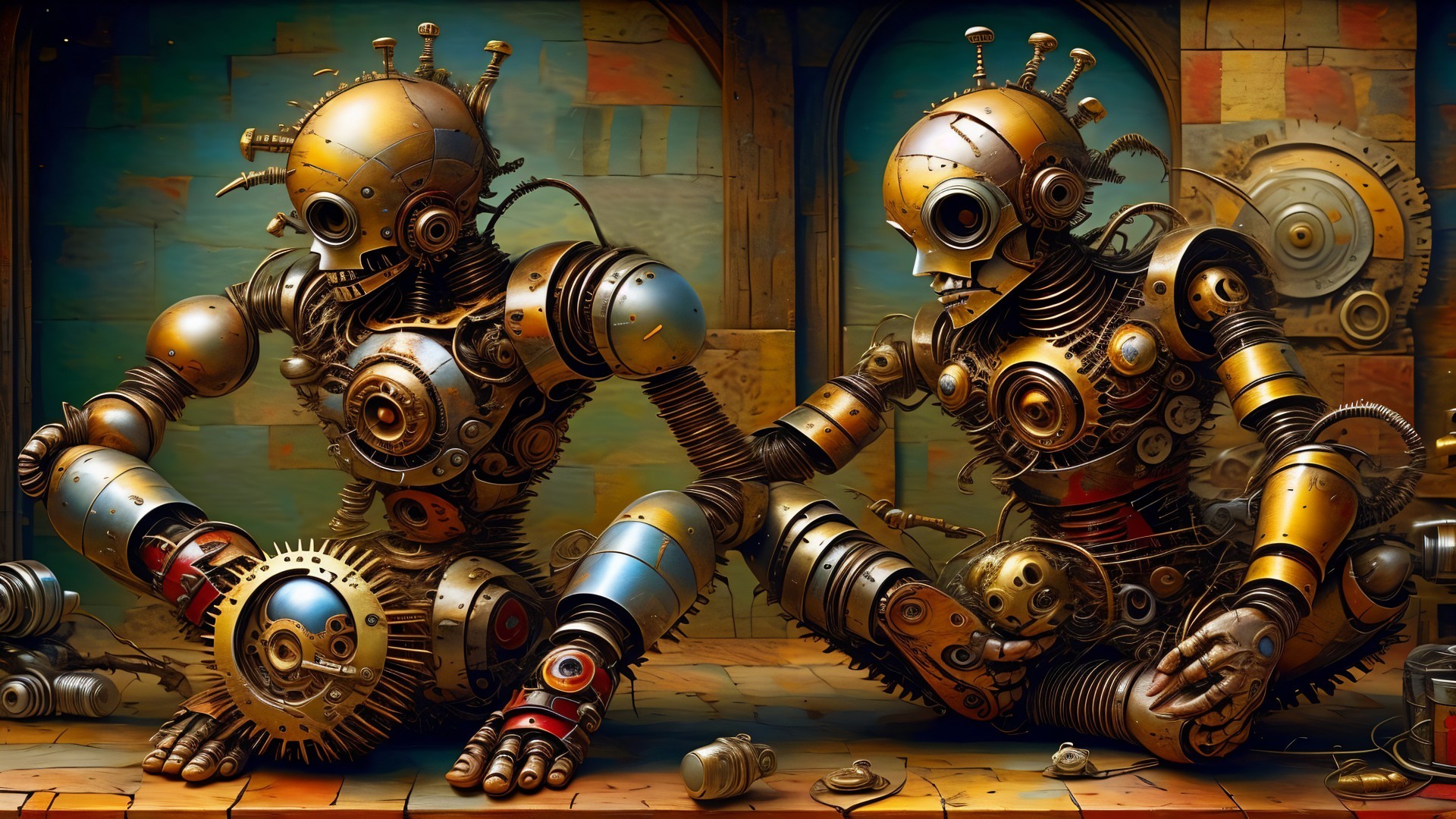 Intricately Designed Robots in a Steampunk Workshop