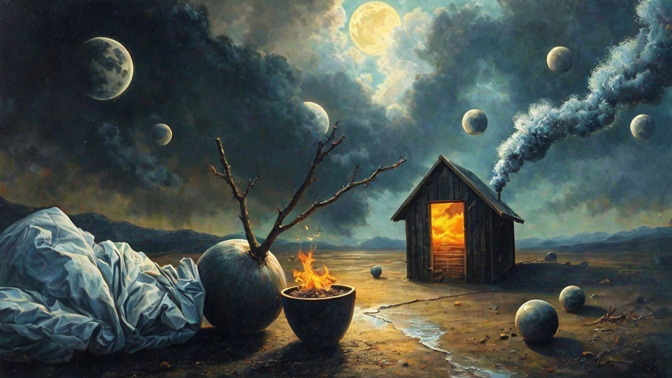 Surreal Landscape with Cabin and Dramatic Sky