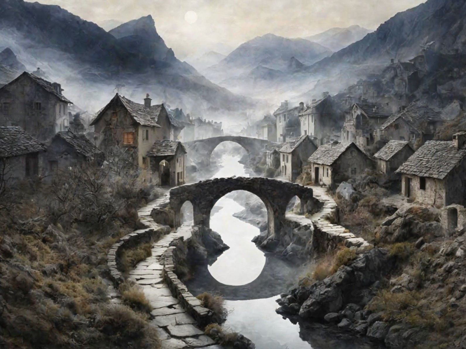 Misty Landscape with Village and Ancient Stone Bridge