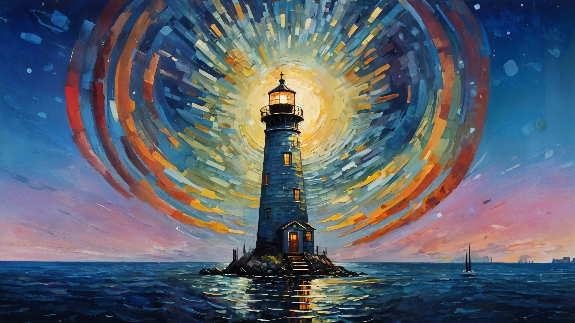 Lighthouse on Rocky Isle at Sunset Over Ocean
