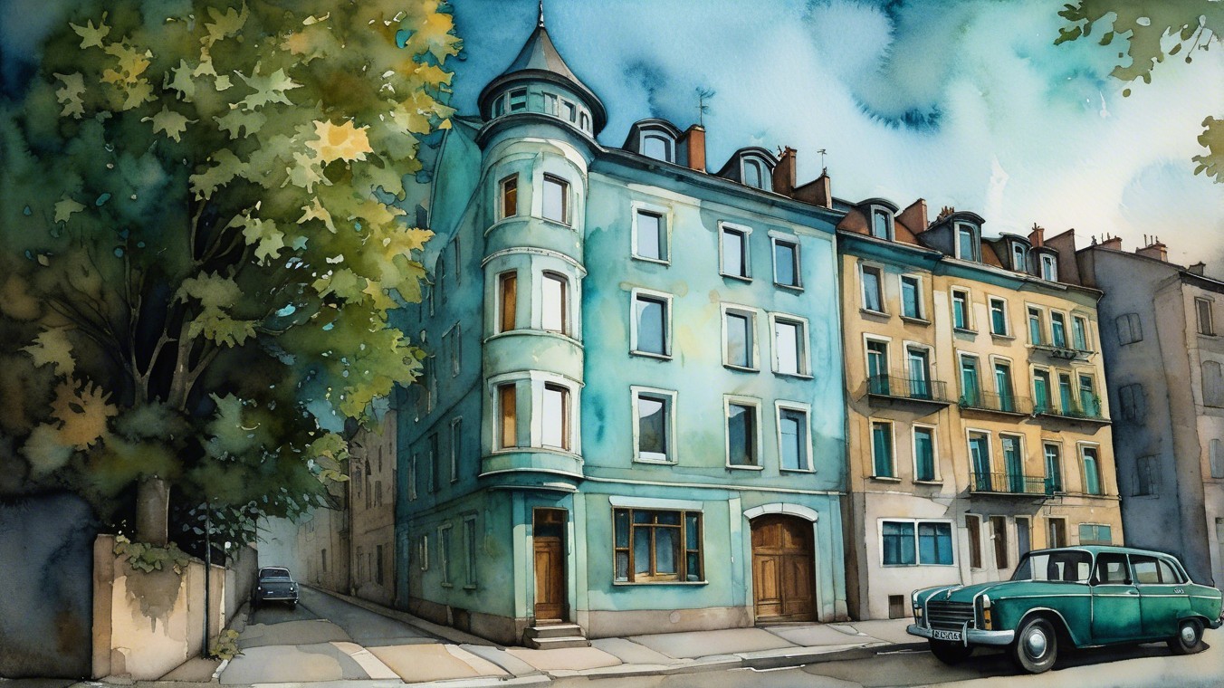 Vintage Street Scene with Teal Building and Car