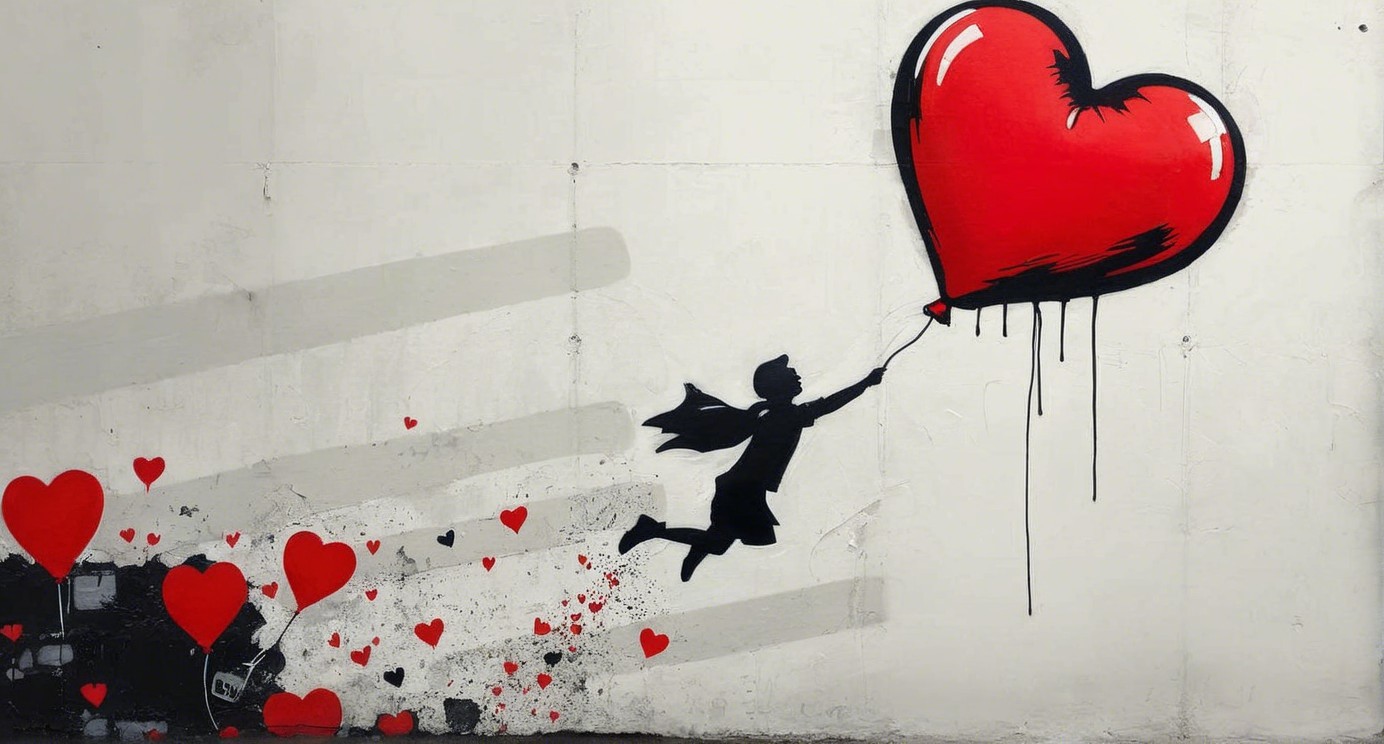Street art mural of a child with a red balloon
