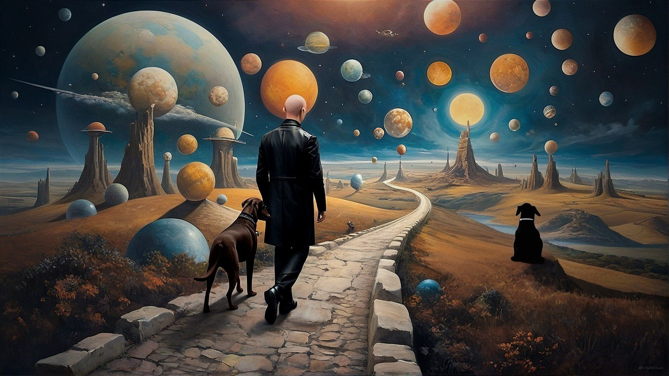 Surreal Landscape with Figure and Dogs on Path