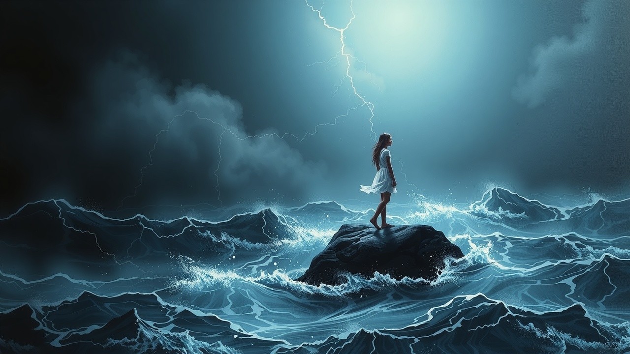 Solitary Figure on Rocky Outcrop in Stormy Sea