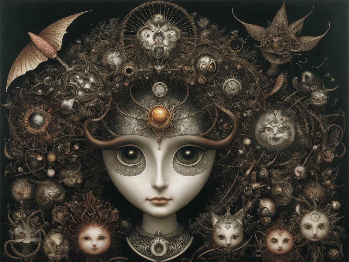 Surreal Artwork with Enigmatic Face and Creatures