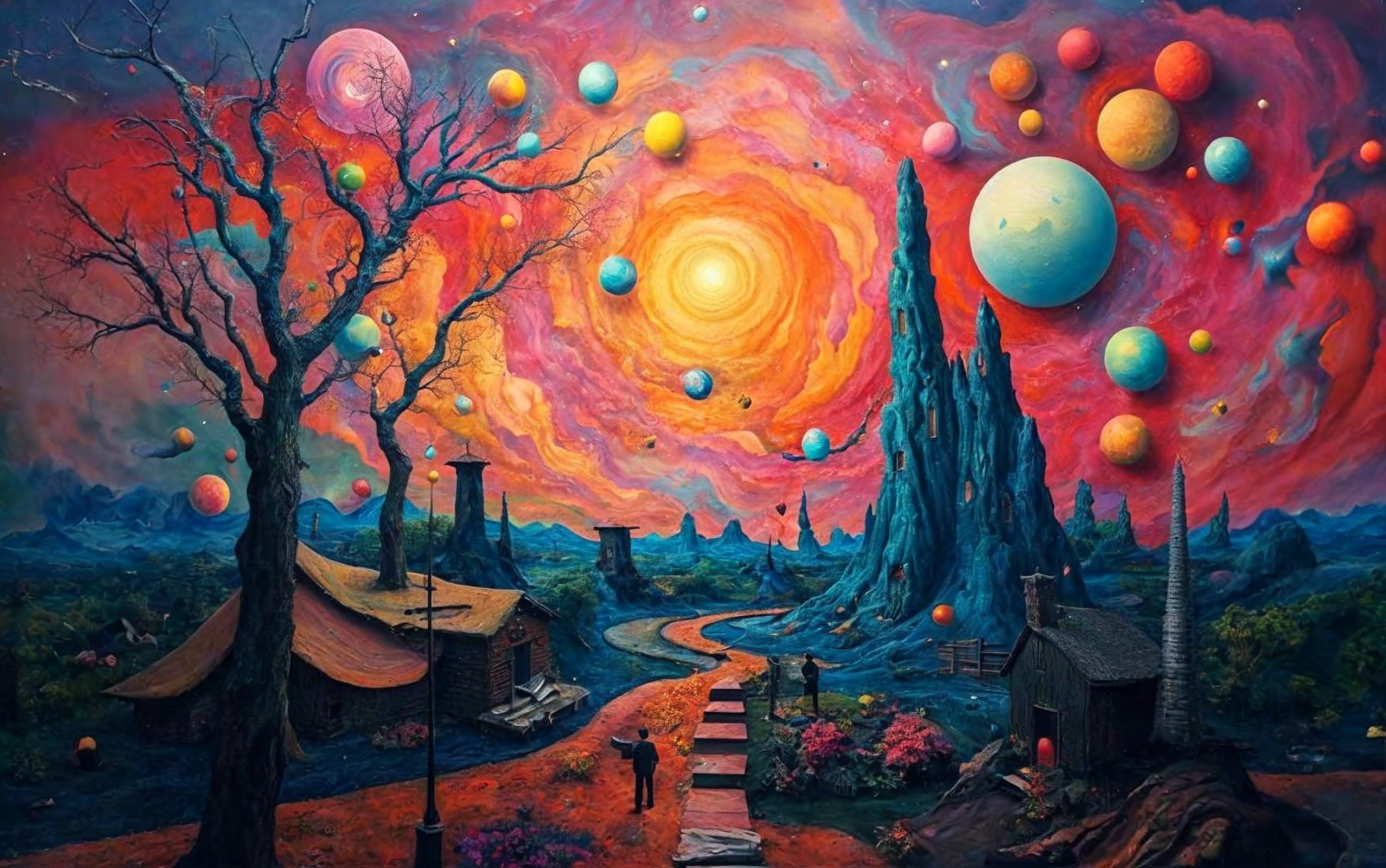 Vivid Cosmic Landscape with Colorful Planets and Nature